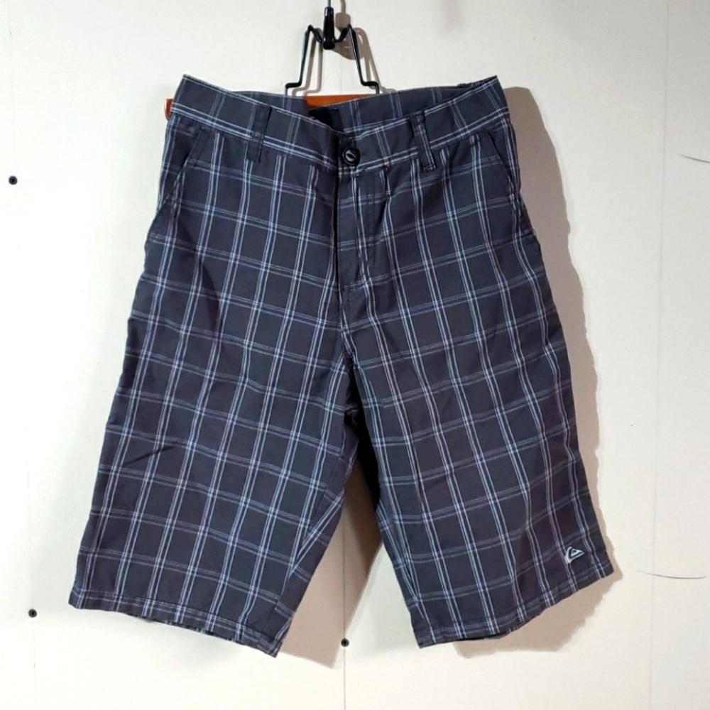 3/$20 Quicksilver charcoal grey plaid boys youth teen shorts, size 14